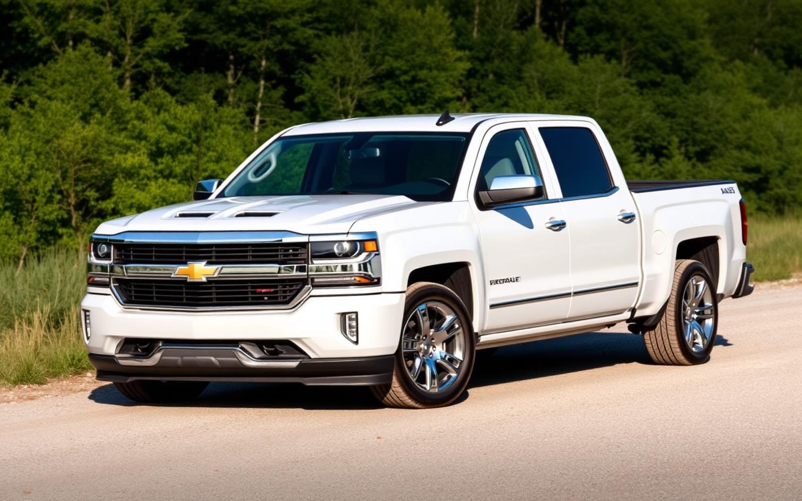 White Chevrolet Silverado LTZ pickup on scenic road