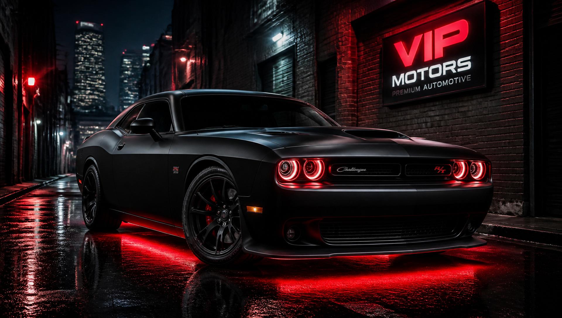 Sleek black muscle car in an urban alley at night